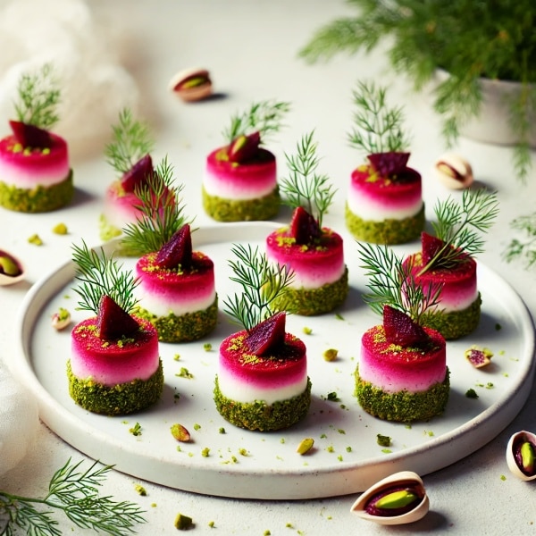 Pistazien Bites mit Cheesecake Füllung und Rote Beete-Topping