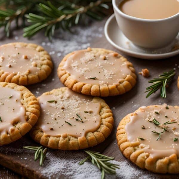Nahaufnahme von Salzkaramell-Butterplätzchen mit Rosmarin und Karamellfüllung auf einem rustikalen Holzbrett.