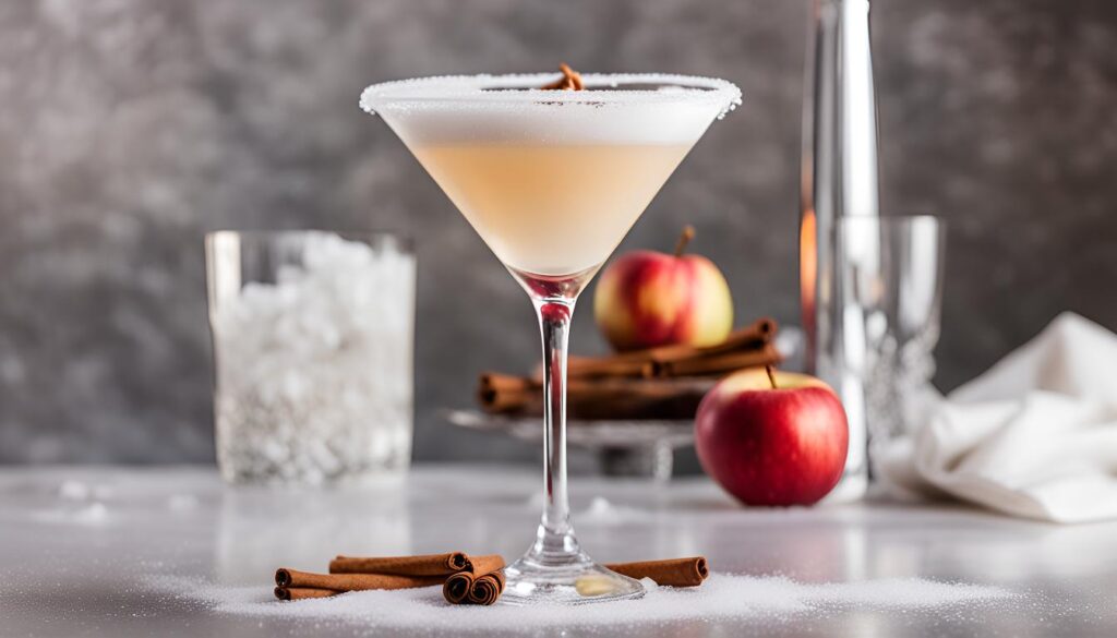 Winterlicher Cocktail in einem klaren Glas, mit einer cremigen Schaumkrone aus Eiweiß oder Aquafaba.