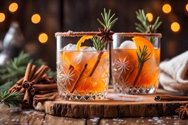Winter Wonderland Old Fashioned – Ein Cocktail mit Bourbon, Ahornsirup, Orangenzeste und Zimtstange, dekoriert mit einem angebrannten Rosmarinzweig.