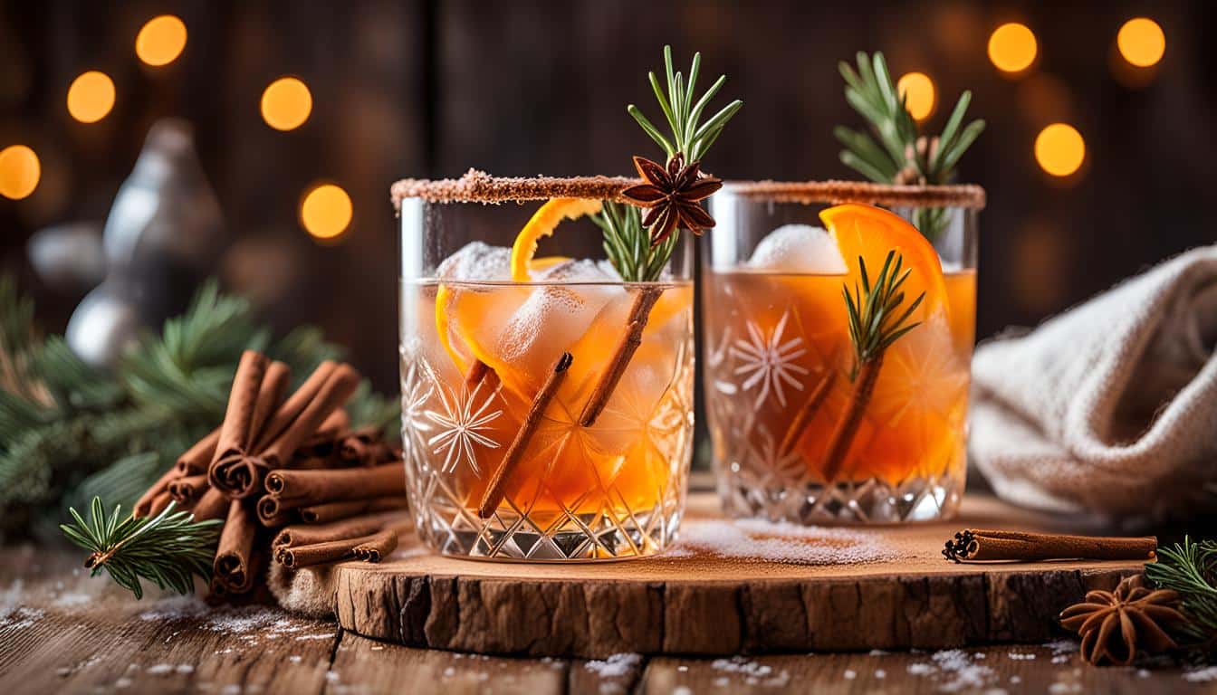 Winter Wonderland Old Fashioned – Ein Cocktail mit Bourbon, Ahornsirup, Orangenzeste und Zimtstange, dekoriert mit einem angebrannten Rosmarinzweig.