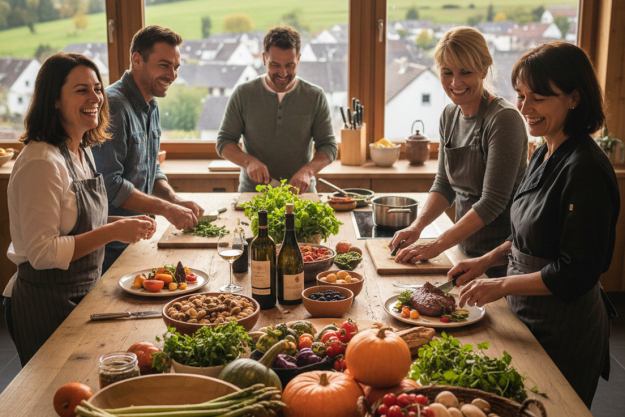 Свежие сезонные ингредиенты и вино к блюдам на кулинарном мастер-классе в Айхтале.