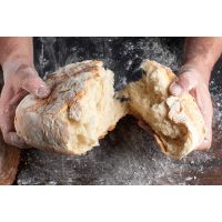 Brot-Backkurs Stuttgart – Mehlhände reißen Brot auseinander