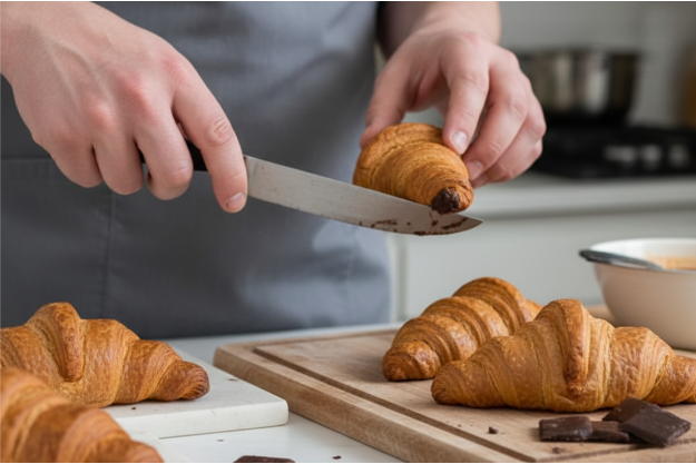 Frisch gebackene goldbraune Croissants und Schokolade beim Backkurs Croissants & Pain au Chocolat Berlin
