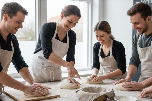 Teilnehmer eines Sauerteigkurses sitzen an einem Holztisch und verkosten verschiedene frisch gebackene Brotvariationen.
