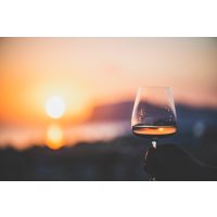 Wine tasting Munich – glass of wine by sea at sunset