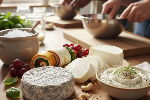 Verschiedene Sorten von selbstgemachtem veganen Käse aus Cashews bei einem Workshop in Berlin