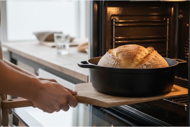 Ein frisches Sauerteigbrot wird in einem gusseisernen Topf aus dem modernen Backofen geholt.