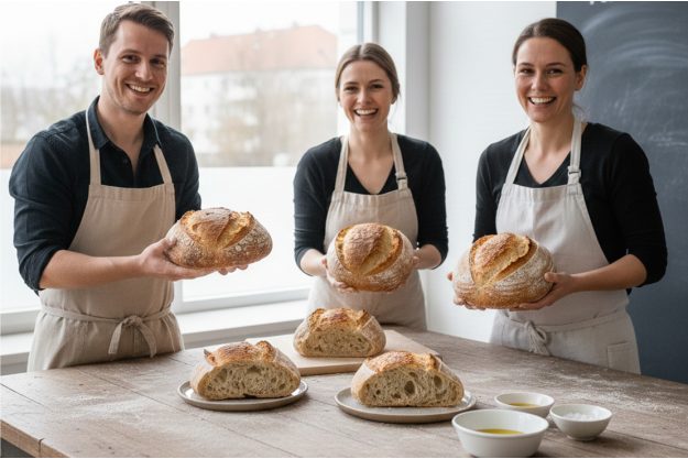 Drei stolze Bäcker präsentieren ihre selbstgebackenen Sauerteigbrote nach einem erfolgreichen Backkurs.